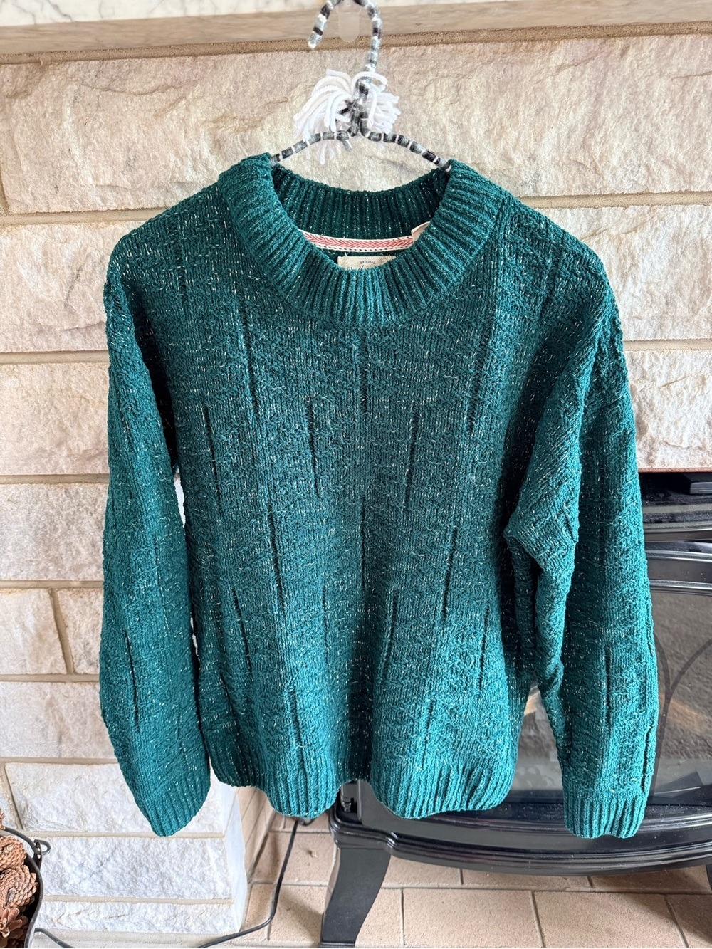 Weatherproof Hunter Green Metallic Gold Ribbed Crewneck Sweater Large